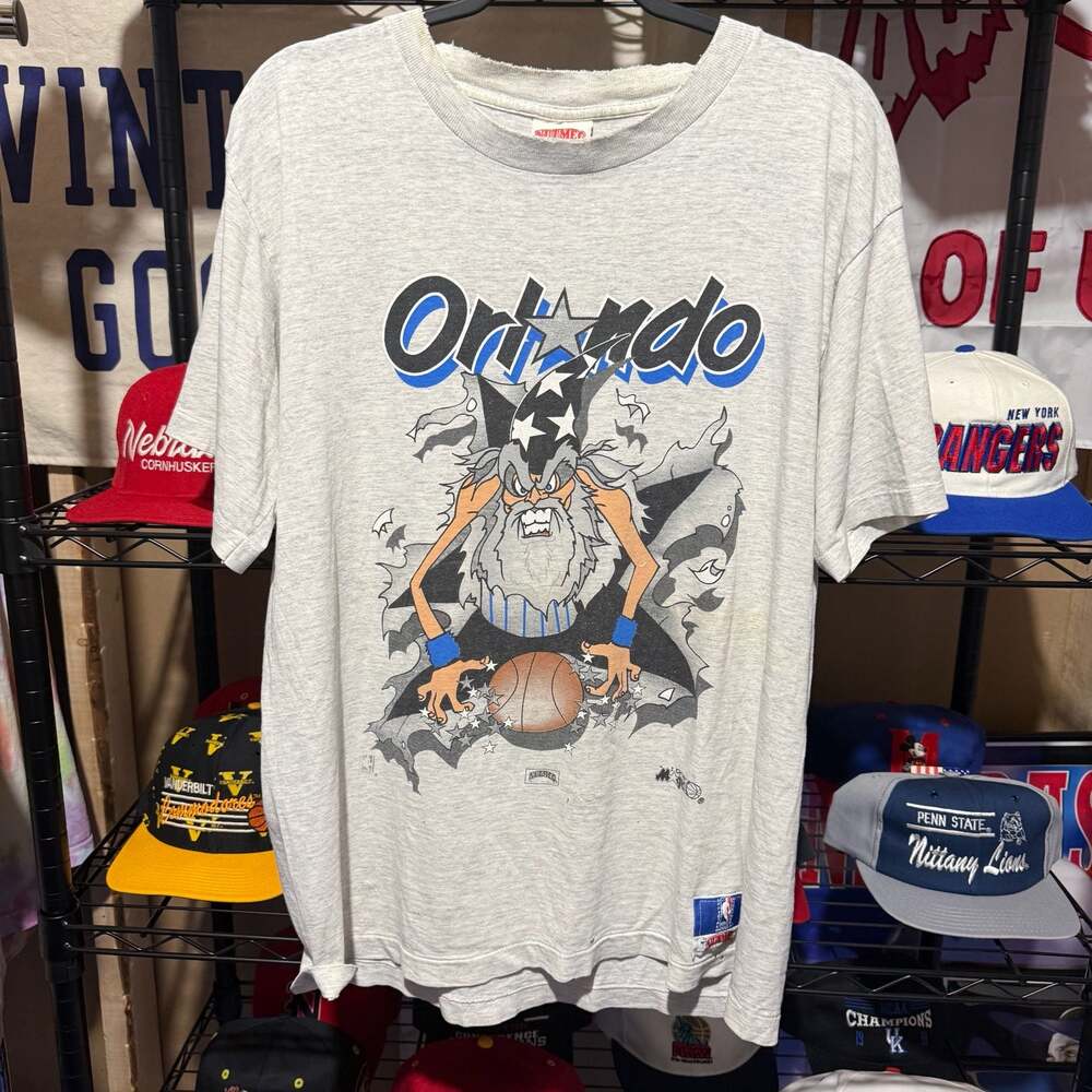 Vintage 90s Nutmeg NBA Orlando Magic Wizard Double Sided Breakthrough Grey T-Shi